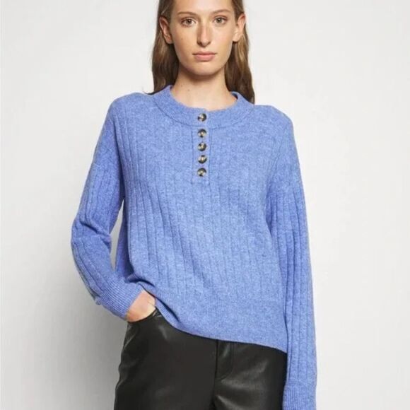 NEW Madewell Donegal bowden Henley Sweater in Coziest Yarn, blue, 4X - Picture 3 of 16